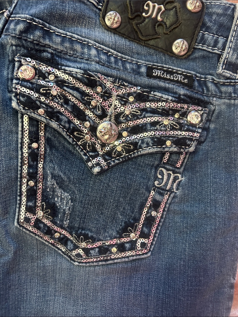 Miss Me Dark Blue Denim Bootcut Jeans with Sequined Embellished Pocket
